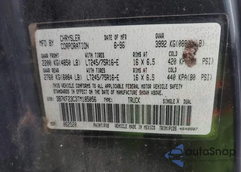 1996 Dodge Ram 2500 из США, поврежденный, VIN 3B7KF23C3TM185056